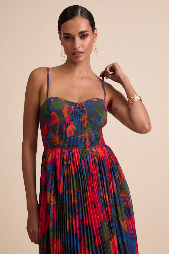 Kinleigh Red Multi Abstract Pleated Bustier Maxi Dress