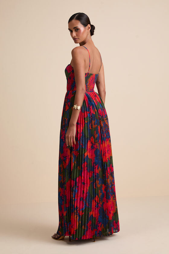 Kinleigh Red Multi Abstract Pleated Bustier Maxi Dress