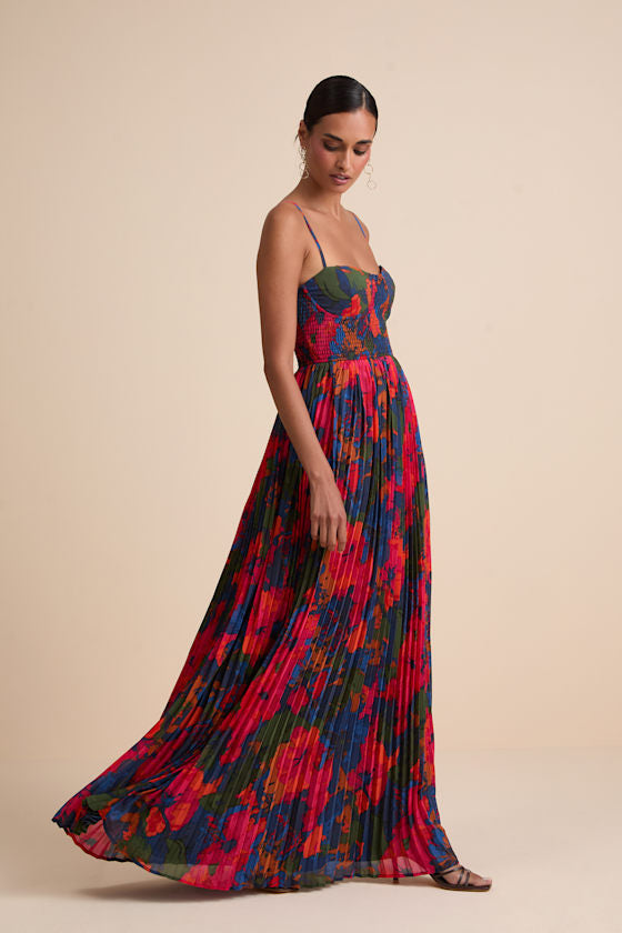 Kinleigh Red Multi Abstract Pleated Bustier Maxi Dress