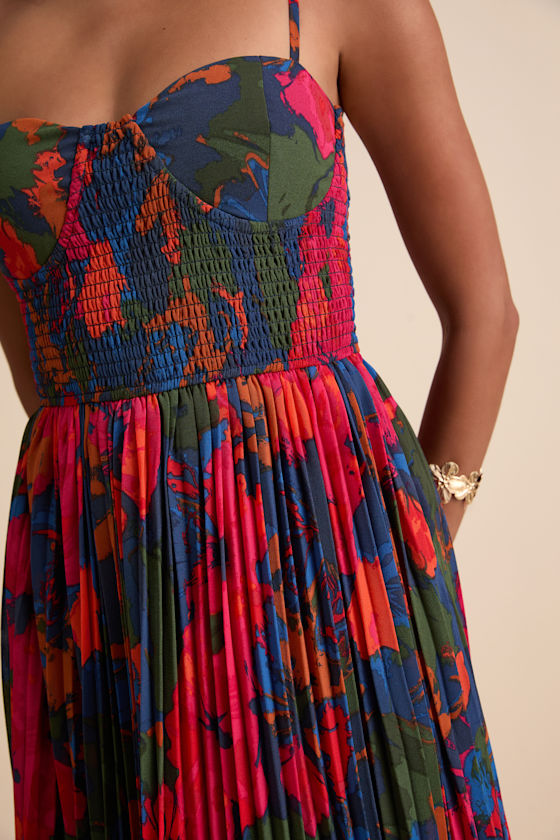 Kinleigh Red Multi Abstract Pleated Bustier Maxi Dress