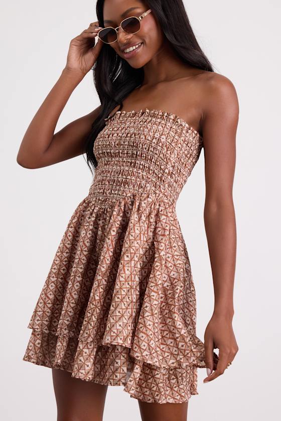 Carson Brown Geometric Print Smocked Mini Dress