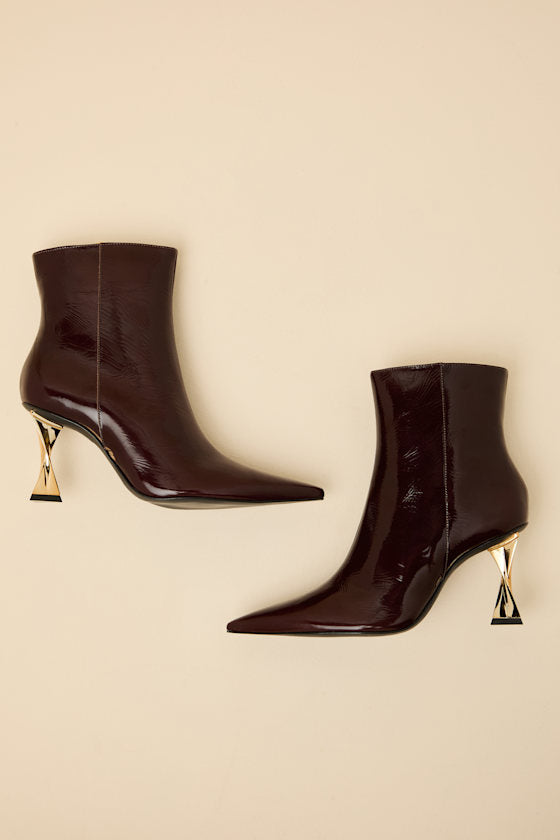 Elisha Maplewood Patent Pointed-Toe Ankle Booties