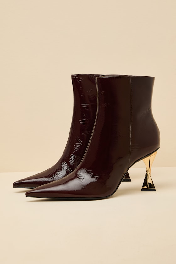 Elisha Maplewood Patent Pointed-Toe Ankle Booties