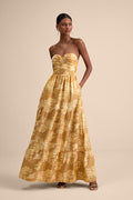 Petrina Golden Yellow Floral Jacquard Strapless Maxi Dress