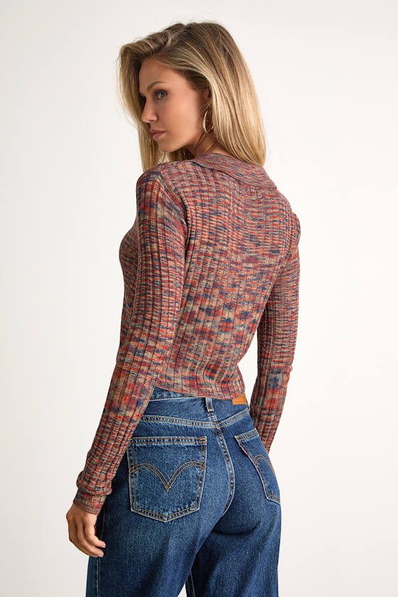 Avra Rust Multi Space Dye Collared Cardigan Sweater Top