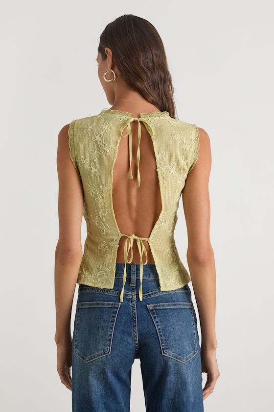 Dessie Lime Embroidered Tie-Back Tank Top