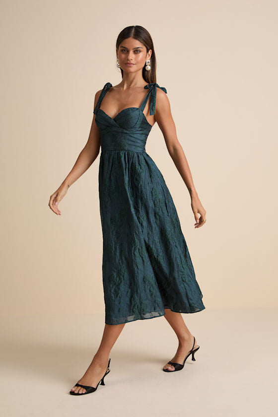 Loveliest Muse Dark Teal Burnout Floral Tie-Strap Midi Dress