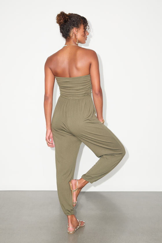 Flawless Comfort Olive Green Ruched Strapless Jogger Jumpsuit