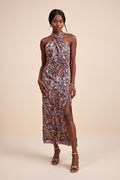 Elarinn Navy Floral Cross-Front Halter Midi Dress