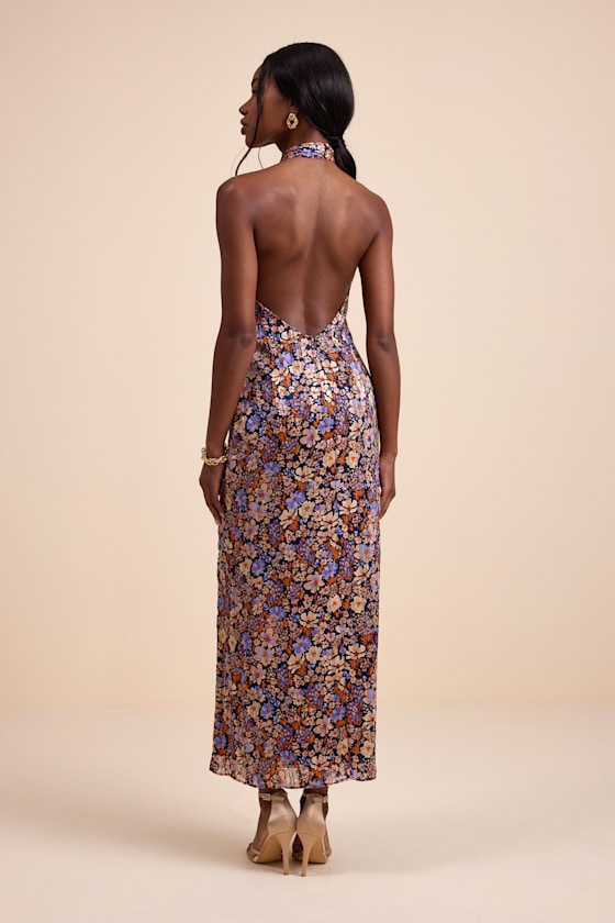 Elarinn Navy Floral Cross-Front Halter Midi Dress