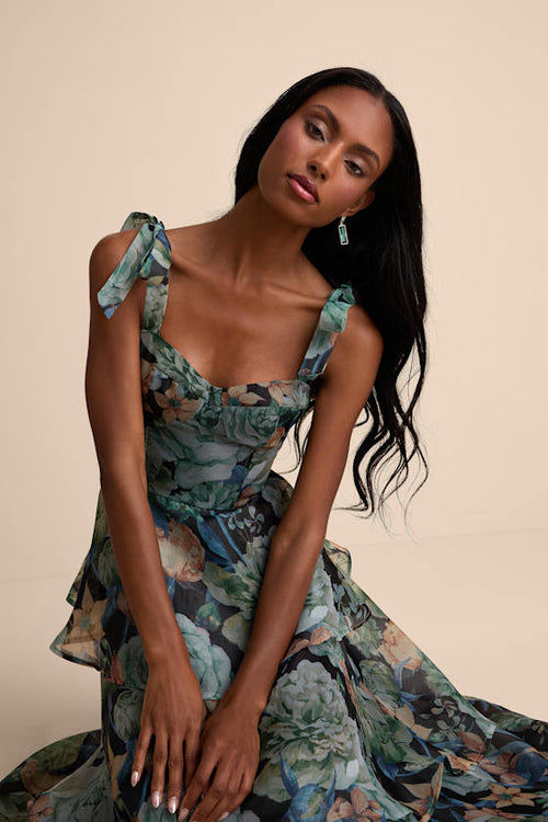 Playfully Posh Black Floral Organza Tie-Strap Tiered Midi Dress