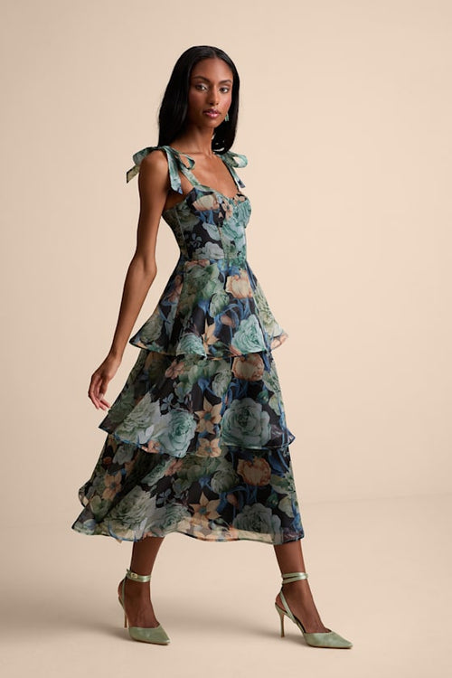 Playfully Posh Black Floral Organza Tie-Strap Tiered Midi Dress