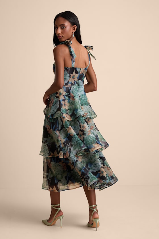 Playfully Posh Black Floral Organza Tie-Strap Tiered Midi Dress