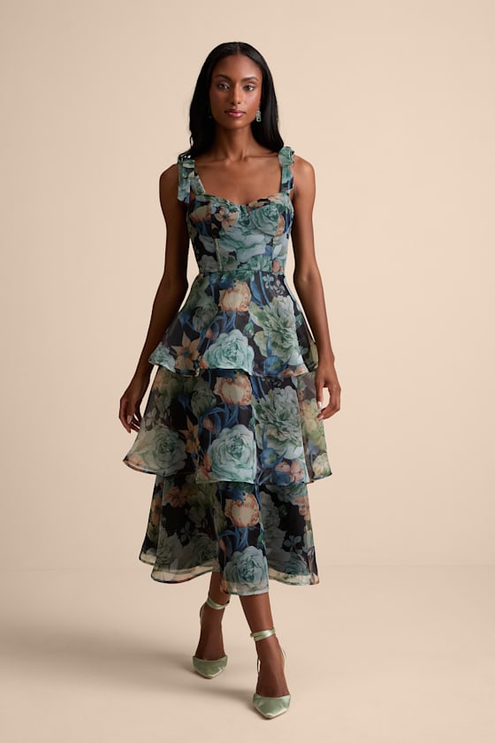 Playfully Posh Black Floral Organza Tie-Strap Tiered Midi Dress