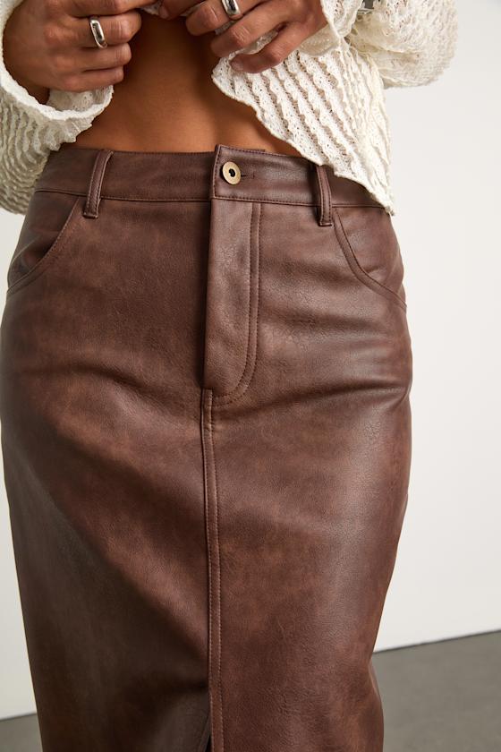 Tamsin Brown Vegan Leather High-Rise Midi Skirt