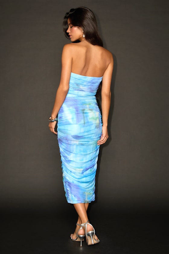 Vania Blue Abstract Mesh Ruched Strapless Midi Dress
