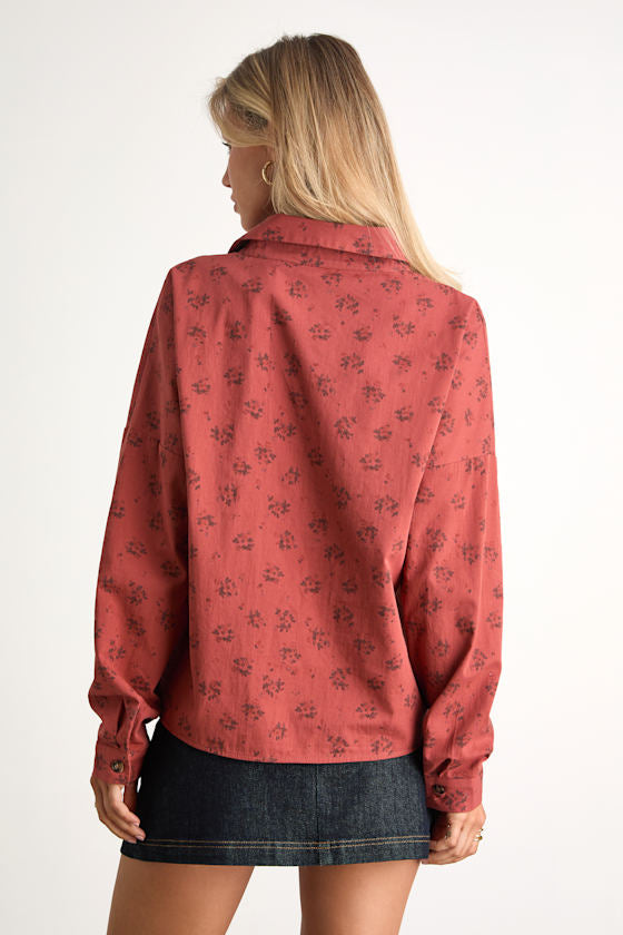 Amelia Dawn Red Floral Long Sleeve Button-Up Top