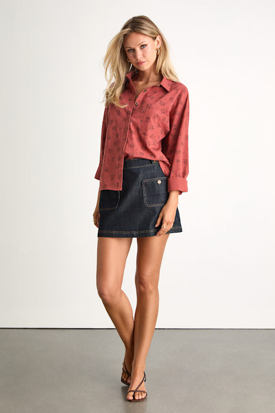 Amelia Dawn Red Floral Long Sleeve Button-Up Top