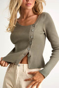 Modern Status Sage Ribbed Asymmetrical Button-Front Sweater Top