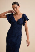 Effervescent Afternoon Navy Satin Flutter Sleeve Midi Dress