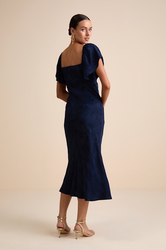 Effervescent Afternoon Navy Satin Flutter Sleeve Midi Dress