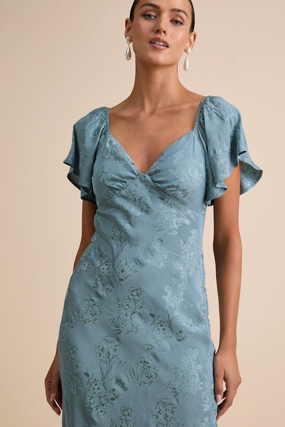 Effervescent Afternoon Slate Satin Flutter Sleeve Midi Dress