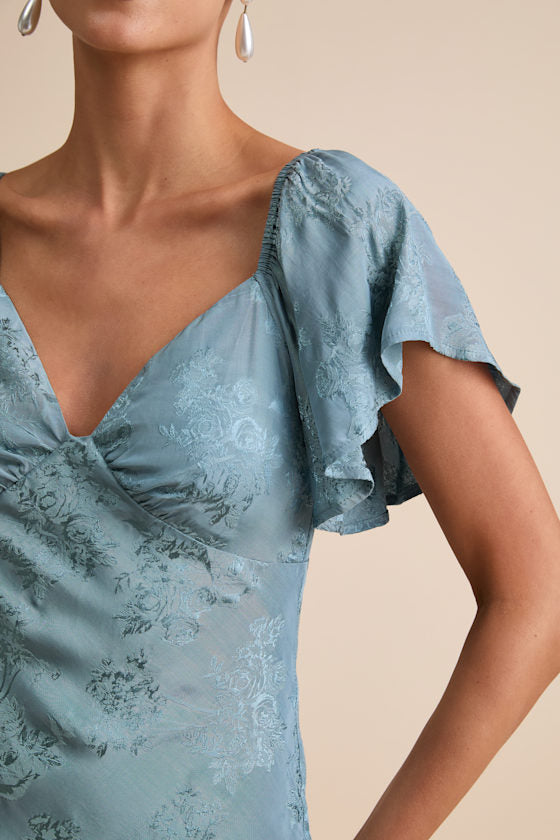 Effervescent Afternoon Slate Satin Flutter Sleeve Midi Dress