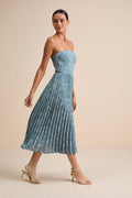 Perfectly Stunning Slate Blue Jacquard Strapless Midi Dress