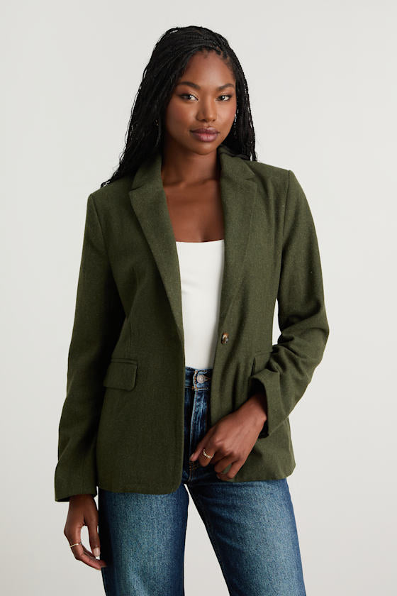 Sophisticated Chic Olive Green Tweed Blazer