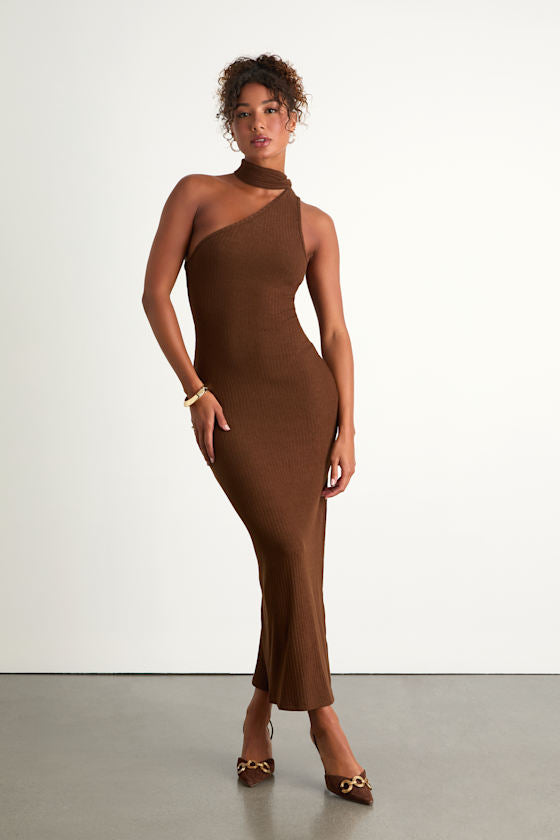 Venna Heathered Brown One-Shoulder Scarf Maxi Dress