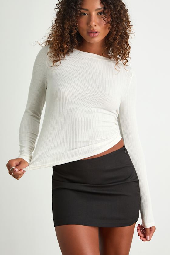 Essential Fit White Ribbed Knit Long Sleeve Top