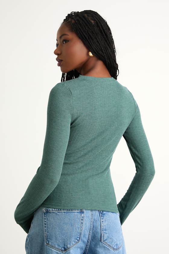 Essential Fit Heather Green Ribbed Knit Long Sleeve Top