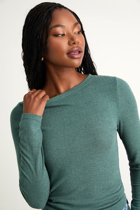 Essential Fit Heather Green Ribbed Knit Long Sleeve Top