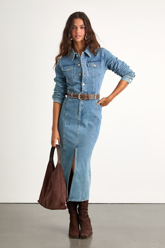 Alarie Medium Wash Denim Long Sleeve Midi Dress