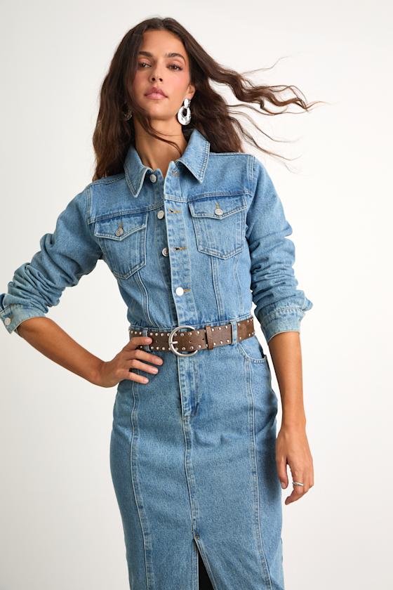 Alarie Medium Wash Denim Long Sleeve Midi Dress