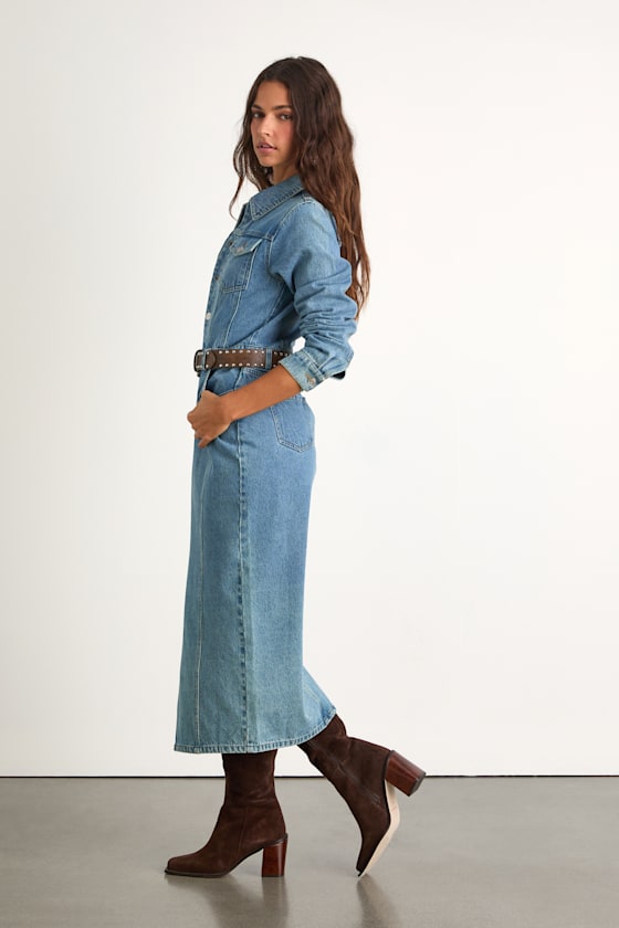 Alarie Medium Wash Denim Long Sleeve Midi Dress
