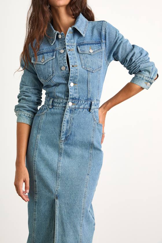 Alarie Medium Wash Denim Long Sleeve Midi Dress