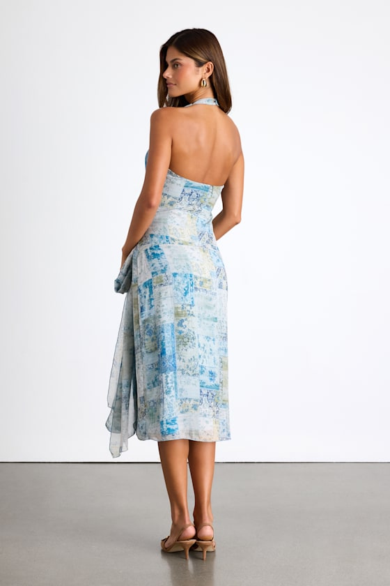 Francine Light Blue Multi Boho Print Halter Midi Dress
