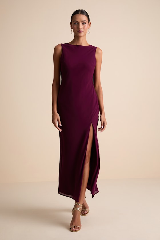 Yaneli Plum Boat Neck Cowl Back Maxi Dress