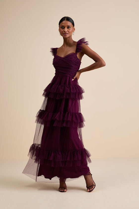 Pure Radiance Plum Purple Mesh Swiss Dot Tiered Maxi Dress