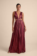 Shining Luxury Wine Red Metallic Lurex Cutout Maxi Dress