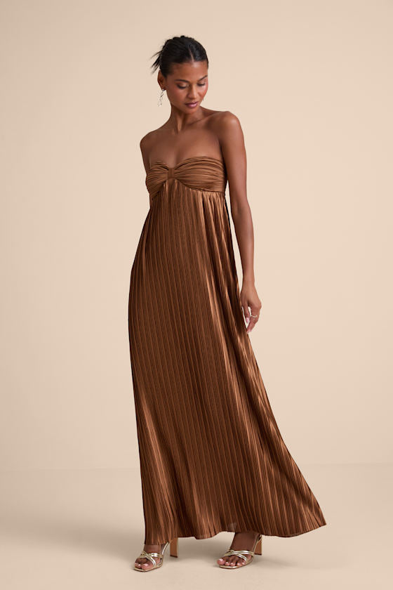 Whimsical Beauty Brown Satin Plisse Strapless Maxi Dress