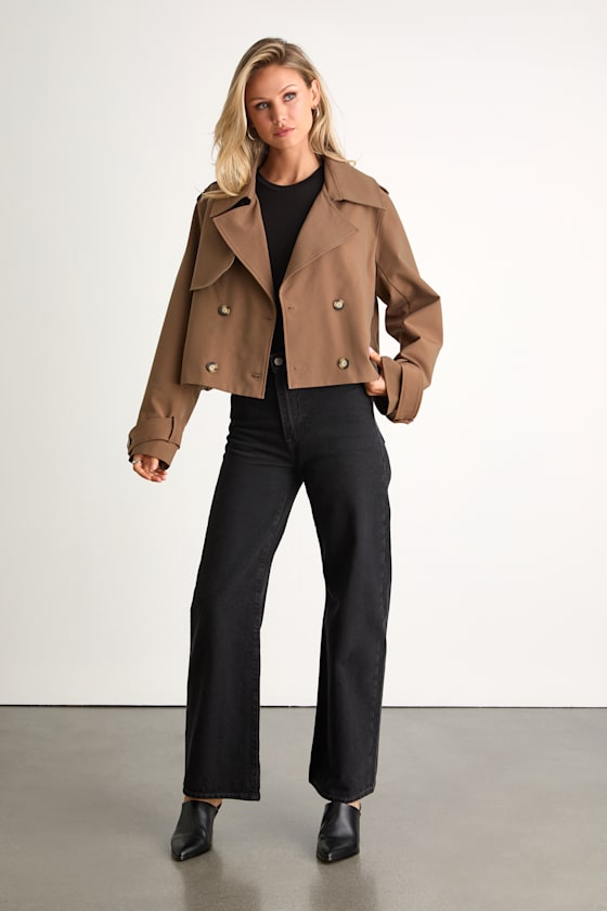Donley Light Brown Double-Breasted Cropped Trench Coat