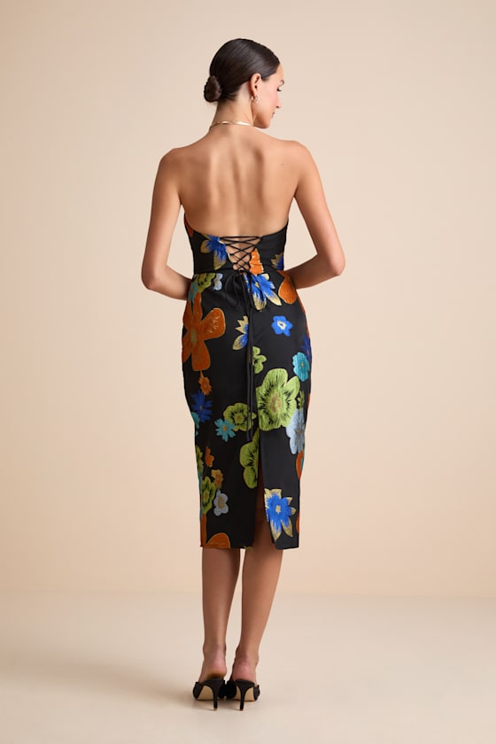 Wesson Black Floral Jacquard Lace-Up Strapless Midi Dress