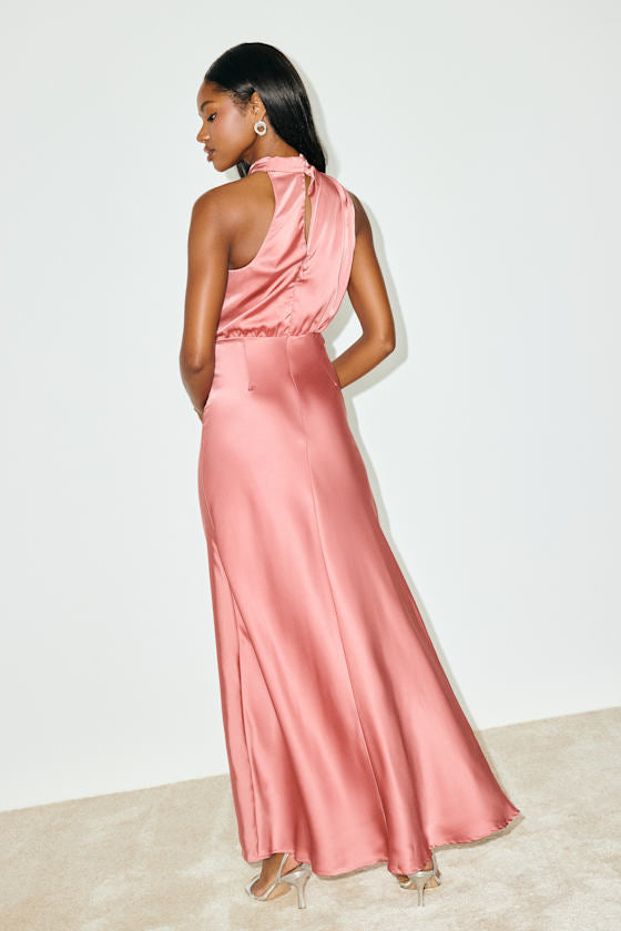 Distinctive Charm Rose Pink Satin Asymmetrical Maxi Dress