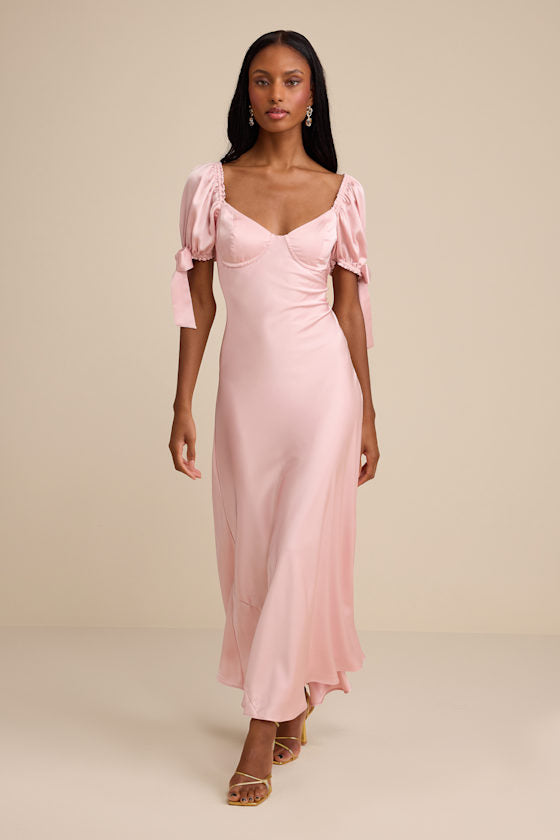 Santa Marta Blush Pink Satin Puff Sleeve Bow Maxi Dress