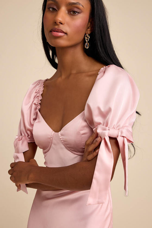 Santa Marta Blush Pink Satin Puff Sleeve Bow Maxi Dress