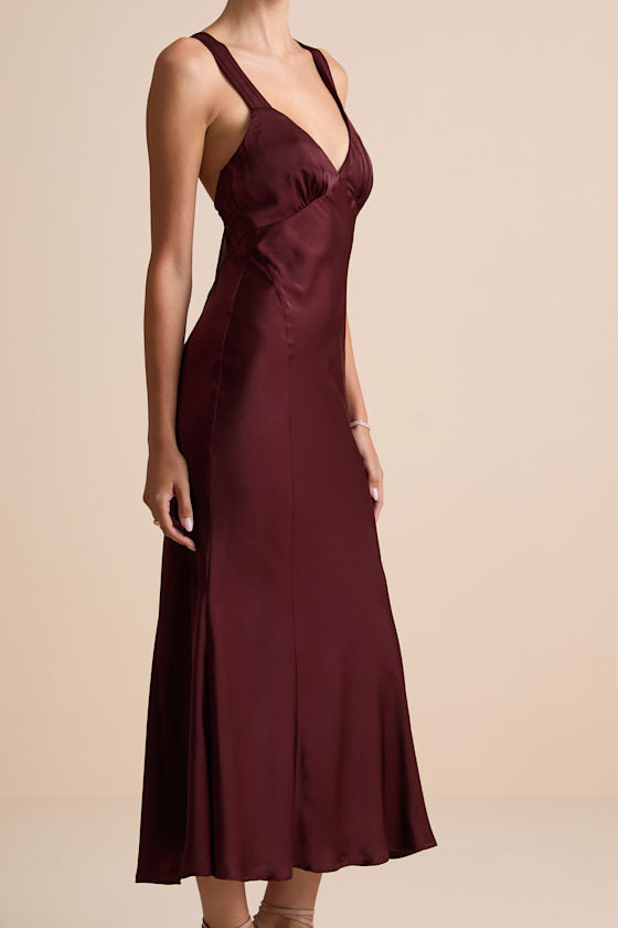 Ellena Burgundy Satin Slip Midi Dress