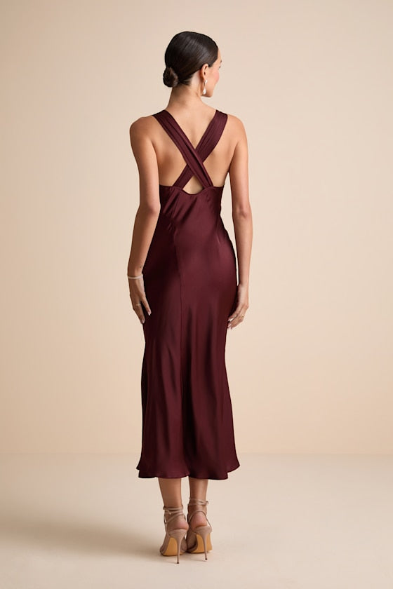 Ellena Burgundy Satin Slip Midi Dress