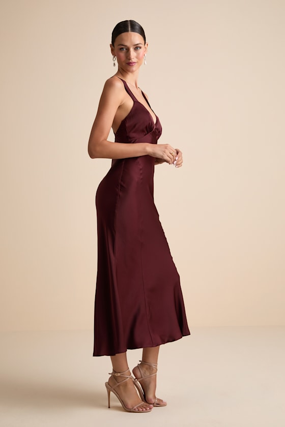 Ellena Burgundy Satin Slip Midi Dress